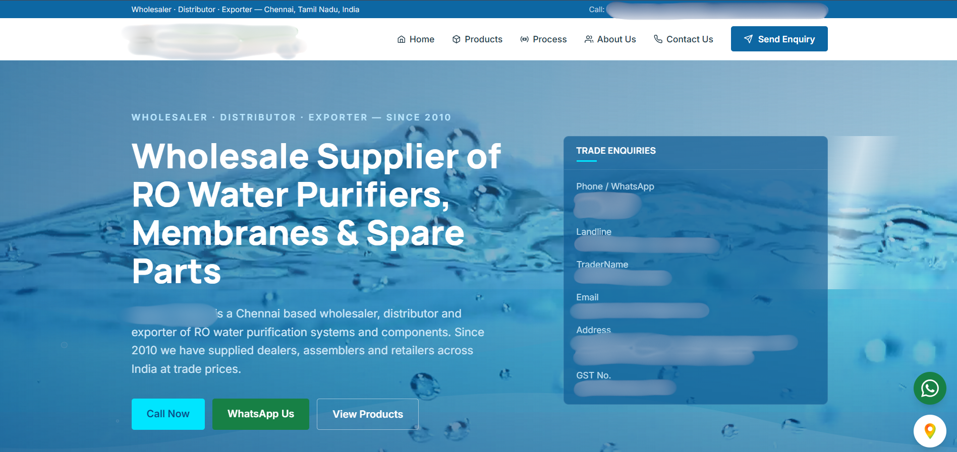 Aqua wholesaler website screenshot